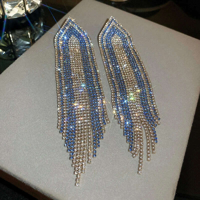 FYUAN Fashion Blue Silver Color Full Rhinestone Drop Earrings Oversize Long Tassel Crystal Earrings for Women Statement Jewelry