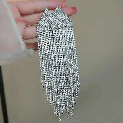 FYUAN Fashion Blue Silver Color Full Rhinestone Drop Earrings Oversize Long Tassel Crystal Earrings for Women Statement Jewelry