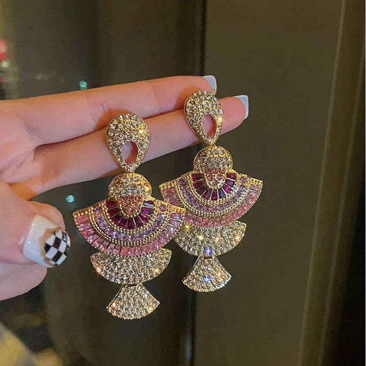 FYUAN Vintage Baroque Style Geometric Drop Earrings Women Pink Zircon Crystal Sector Dangle Earrings Banquet Jewelry Accessories