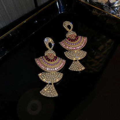 FYUAN Vintage Baroque Style Geometric Drop Earrings Women Pink Zircon Crystal Sector Dangle Earrings Banquet Jewelry Accessories