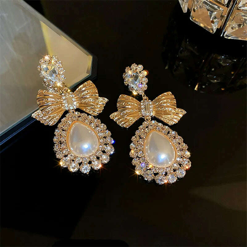 FYUAN Vintage Gold Color Bowknot Crystal Earrings for Women Oversize Water Drop Pearl Dangle Earrings Statement Jewelry
