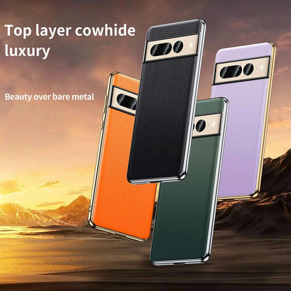 Genuine Cowhide Leather Phone Case for Google Pixel 9 Pro XL 8 7 6 Pro 7A 6A Luxury Plating Shockproof Full Protection Cover