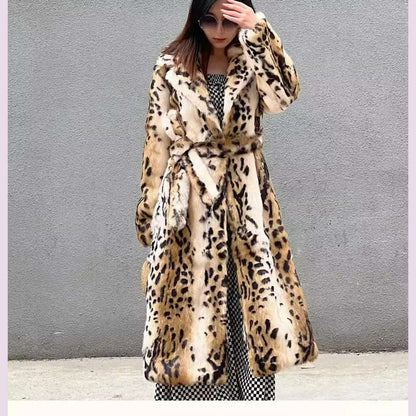 Genuine natural real Rabbit Fur Coat women's long leopard jacket with belt ladies warm winter outwear custom any size