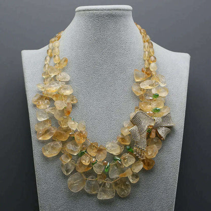 GG 3 Strands Natural Yellow Topaz Citrine Rough Necklace Crystal CZ Pave Butterfly Brooch Pendant Handmade For Women