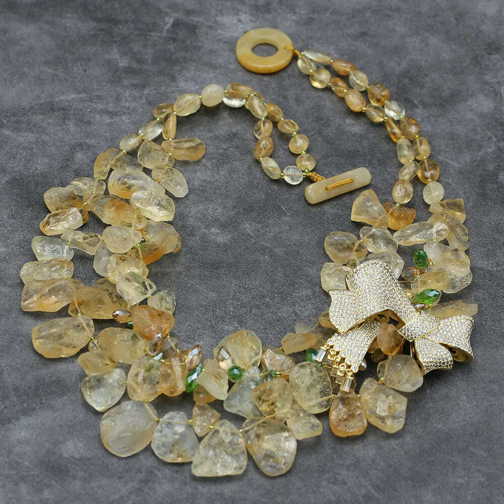 GG 3 Strands Natural Yellow Topaz Citrine Rough Necklace Crystal CZ Pave Butterfly Brooch Pendant Handmade For Women