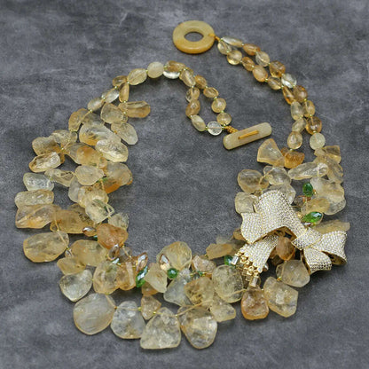 GG 3 Strands Natural Yellow Topaz Citrine Rough Necklace Crystal CZ Pave Butterfly Brooch Pendant Handmade For Women