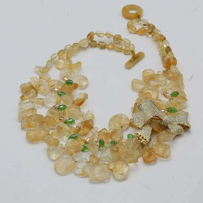 GG 3 Strands Natural Yellow Topaz Citrine Rough Necklace Crystal CZ Pave Butterfly Brooch Pendant Handmade For Women