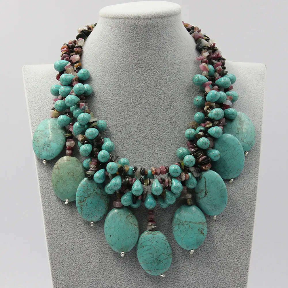 GG 4 Strands Multi color Tourmaline Green Turquoise Fringe Necklace Handmade For Women