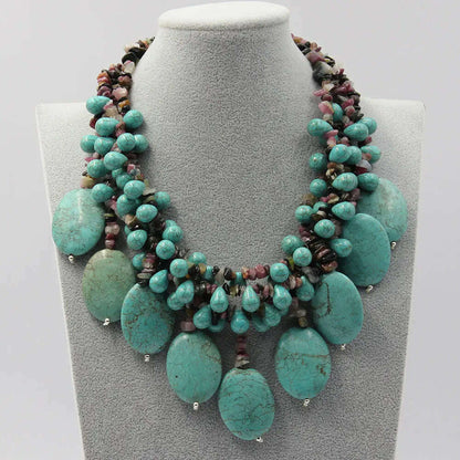 GG 4 Strands Multi color Tourmaline Green Turquoise Fringe Necklace Handmade For Women