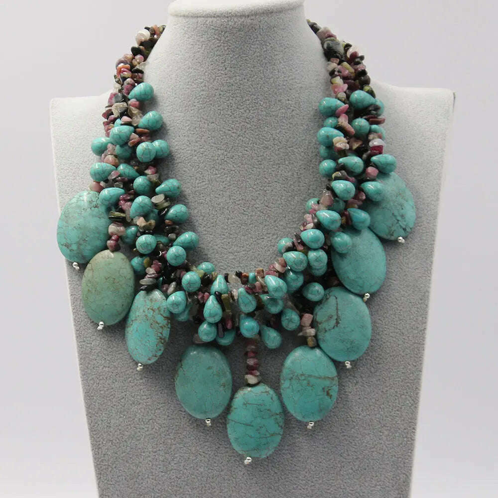 GG 4 Strands Multi color Tourmaline Green Turquoise Fringe Necklace Handmade For Women