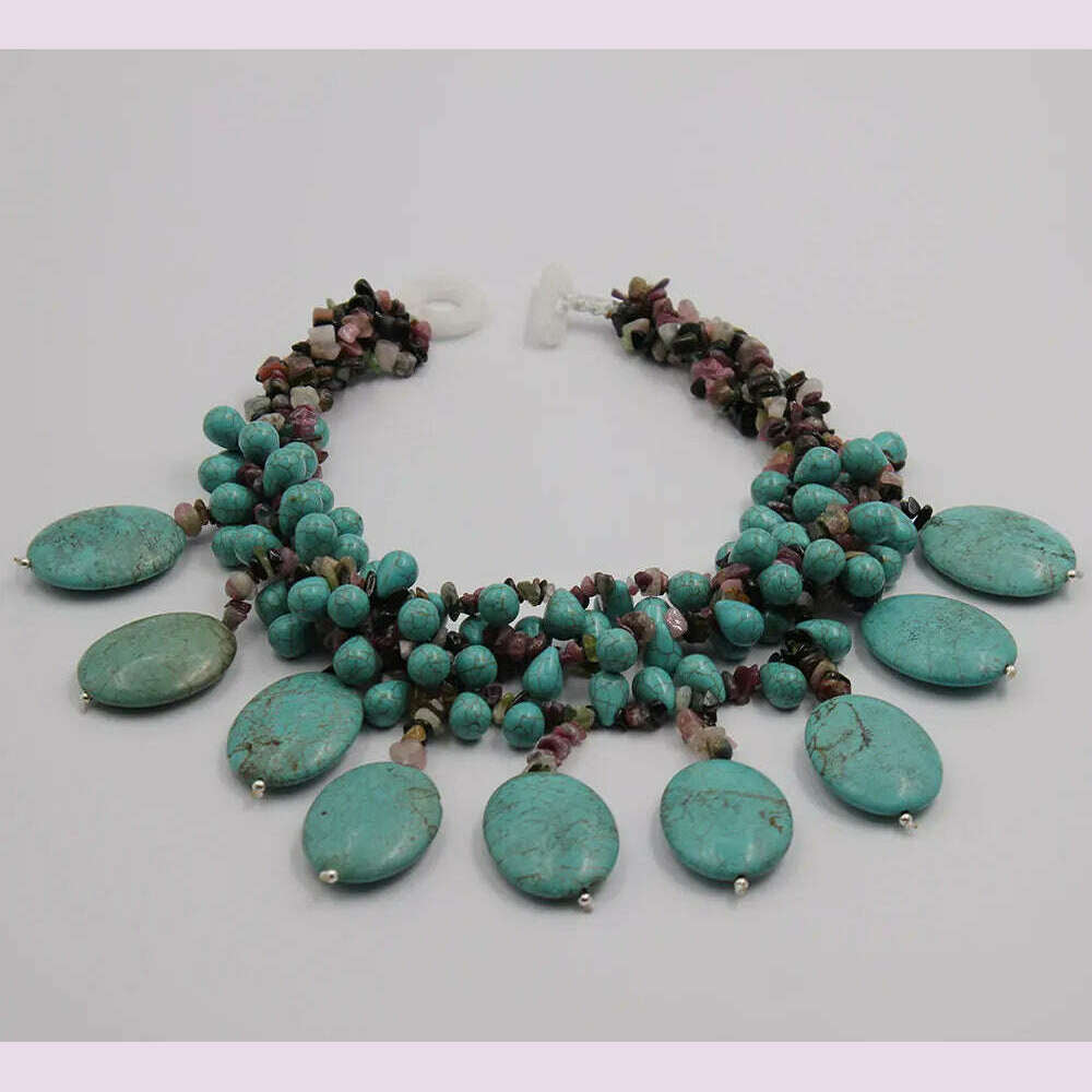 GG 4 Strands Multi color Tourmaline Green Turquoise Fringe Necklace Handmade For Women