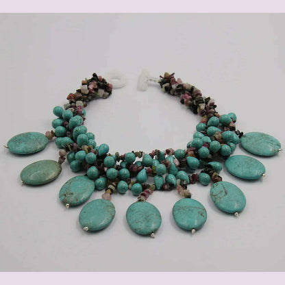 GG 4 Strands Multi color Tourmaline Green Turquoise Fringe Necklace Handmade For Women