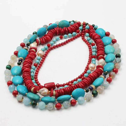 GG 5 Rows Freshwater Keshi Pearl Howlite Rondelle Tiger eye Red Coral Lapis Crystal Statement Necklace Handmade For Women