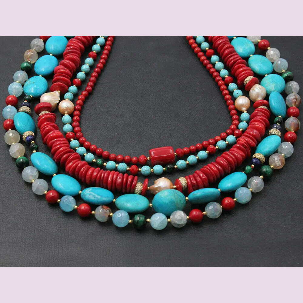 GG 5 Rows Freshwater Keshi Pearl Howlite Rondelle Tiger eye Red Coral Lapis Crystal Statement Necklace Handmade For Women