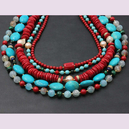 GG 5 Rows Freshwater Keshi Pearl Howlite Rondelle Tiger eye Red Coral Lapis Crystal Statement Necklace Handmade For Women