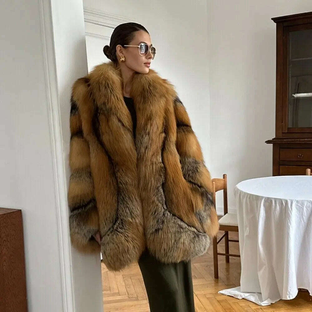 Glamorous Women's Real Red Fox Fur Lapel Coat Winter Luxury Genuine Fox Fur Jacket Female Elegant Natural Fur Thick Overcoat