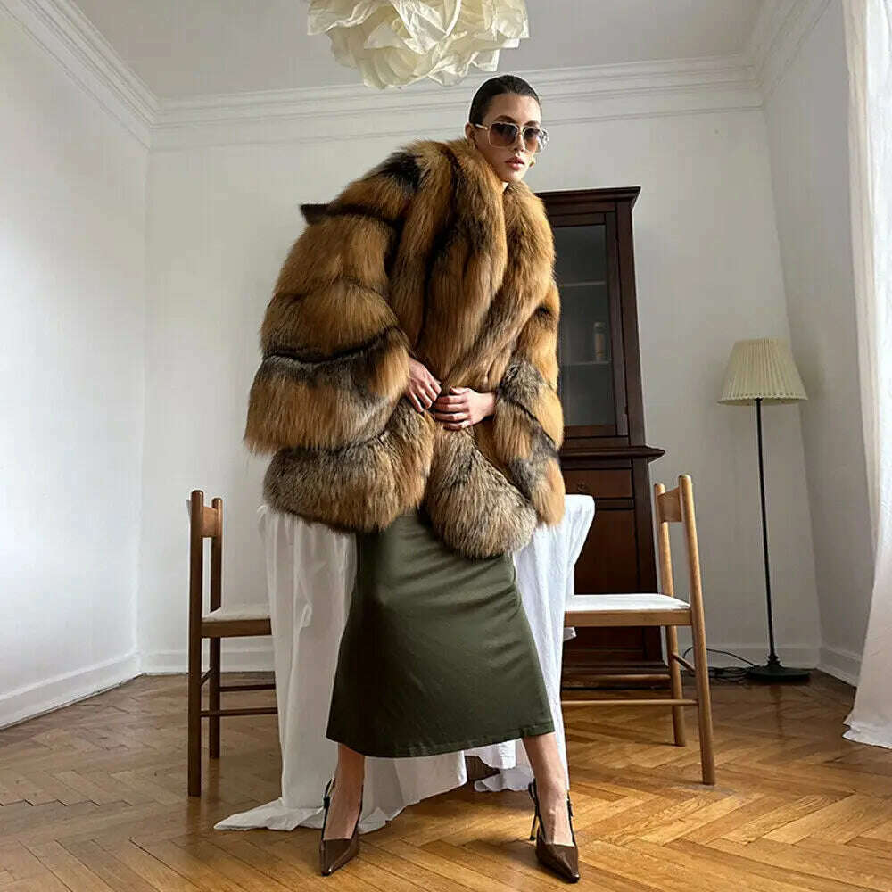 Glamorous Women's Real Red Fox Fur Lapel Coat Winter Luxury Genuine Fox Fur Jacket Female Elegant Natural Fur Thick Overcoat