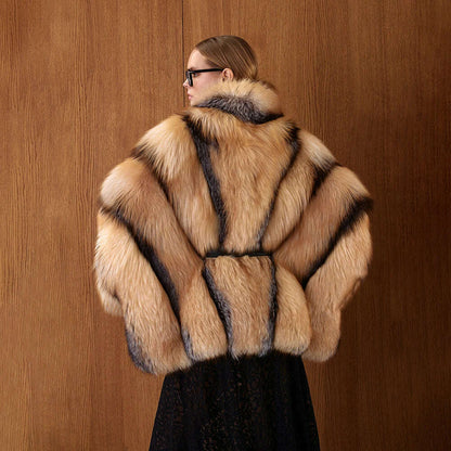 Gorgeous Womens Real Red Fox Fur Coats Thick Collar Poncho Luxury Winter Natural Fox Fur Fluffy Outwear Female Real Fur Overcoat