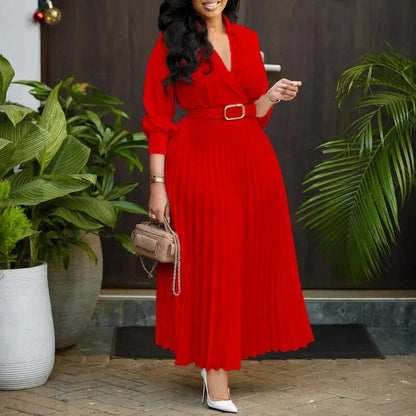 Gowns Dashiki African Dresses for Women Summer Autumn African 3/4 Sleeve V-neck Polyester Party Evening Pleat Dress With Belt