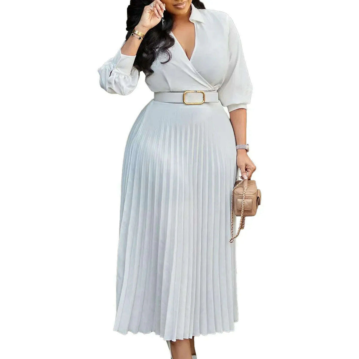 Gowns Dashiki African Dresses for Women Summer Autumn African 3/4 Sleeve V-neck Polyester Party Evening Pleat Dress With Belt