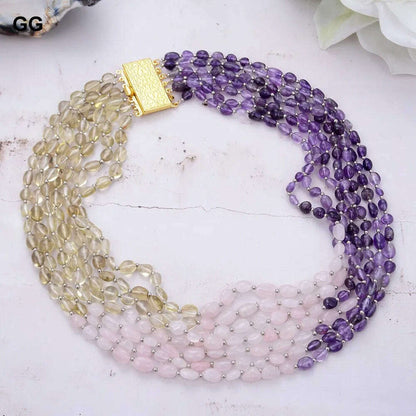 GuaiGuai Jewelry Unique Real Natural 7 Strands Amethyst Rose Quartz Lemon Quartz Freeform Necklace 18"