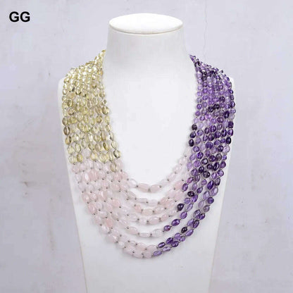 GuaiGuai Jewelry Unique Real Natural 7 Strands Amethyst Rose Quartz Lemon Quartz Freeform Necklace 18"