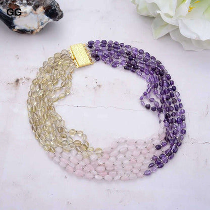 GuaiGuai Jewelry Unique Real Natural 7 Strands Amethyst Rose Quartz Lemon Quartz Freeform Necklace 18"