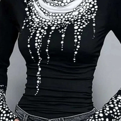 Gymystars Long Sleeve T Shirt Skinny Printed Tops for Women New Autumn High-Neck Slim Fit Clothes Black Wear Base Layer Outside