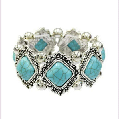Gypsy Tribal Tibetan Bracelet for Women Boho Vintage Silvery Men's Turquoise Elastic Bangle Afghan Turkish Ethnic Indian Jewelry