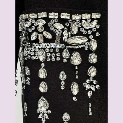 Handmade Studded Diamond Crystal Suit Collar Dress Fish Tail Black Floor Length Suit Collar Maxi Dresses for Women Wedding 2024