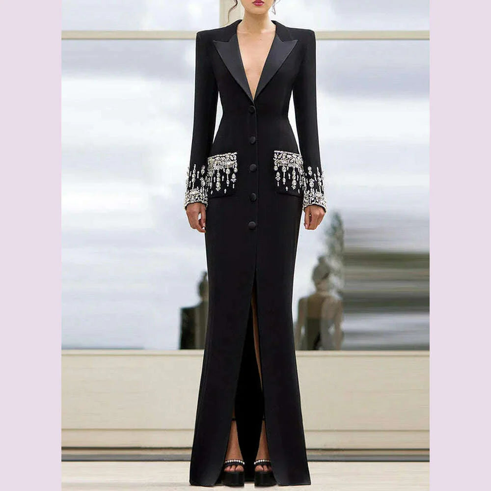 Handmade Studded Diamond Crystal Suit Collar Dress Fish Tail Black Floor Length Suit Collar Maxi Dresses for Women Wedding 2024