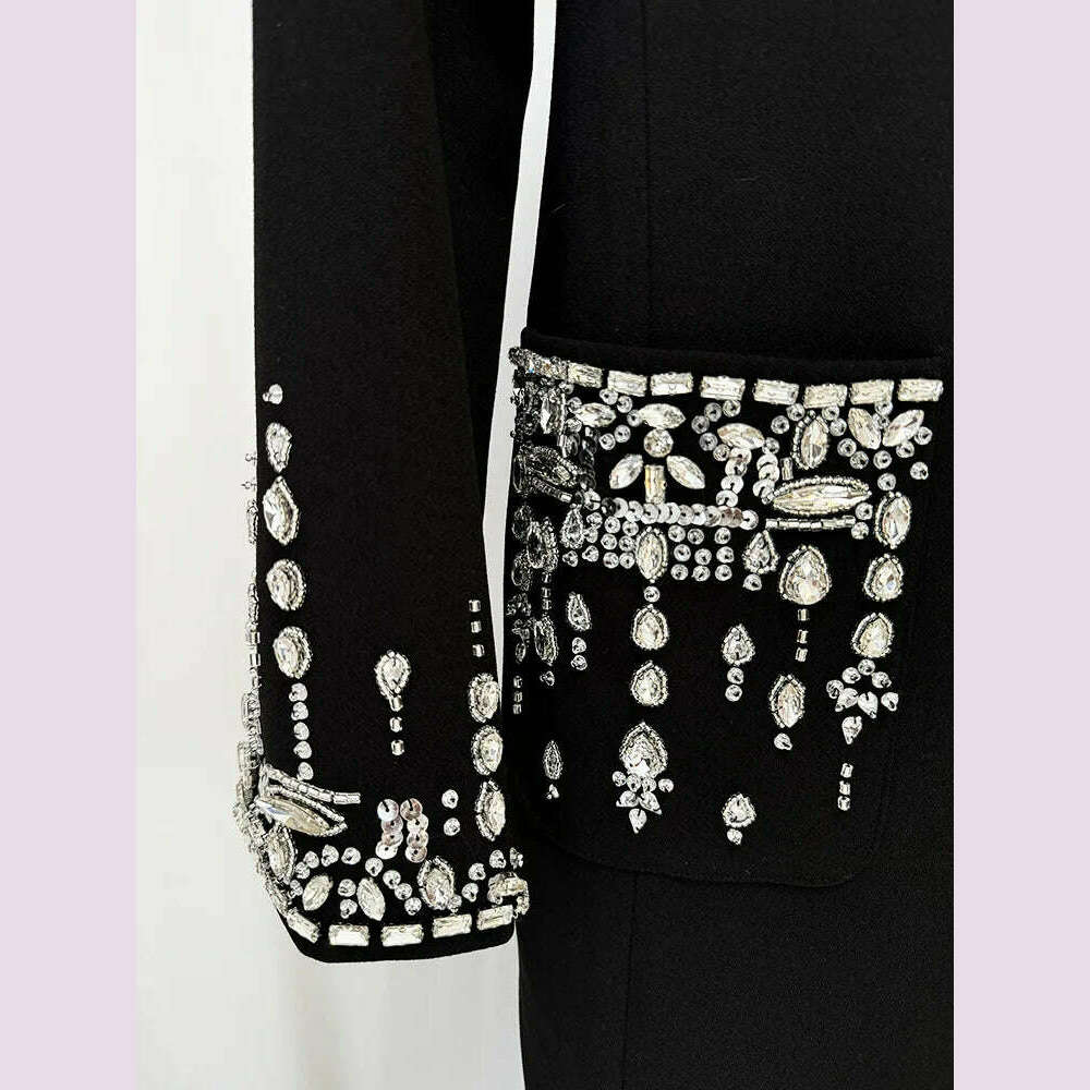 Handmade Studded Diamond Crystal Suit Collar Dress Fish Tail Black Floor Length Suit Collar Maxi Dresses for Women Wedding 2024