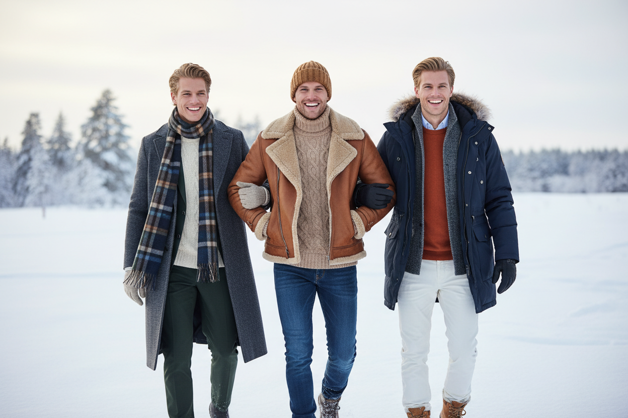 Handsome 3  MALE MODELS with blond Hair WEARING WINTER BEAUTIFUL WARM CLOTHES, WALKING, SMILING, the background is white snow