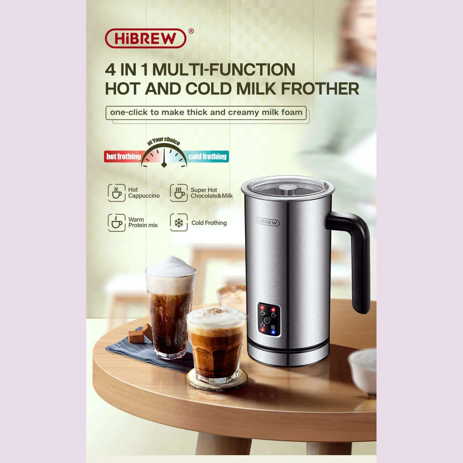 HiBREW 4 in 1 Milk Frother Frothing Foamer Fully automatic Milk Warmer Cold/Hot Latte Cappuccino Chocolate Protein powder M3