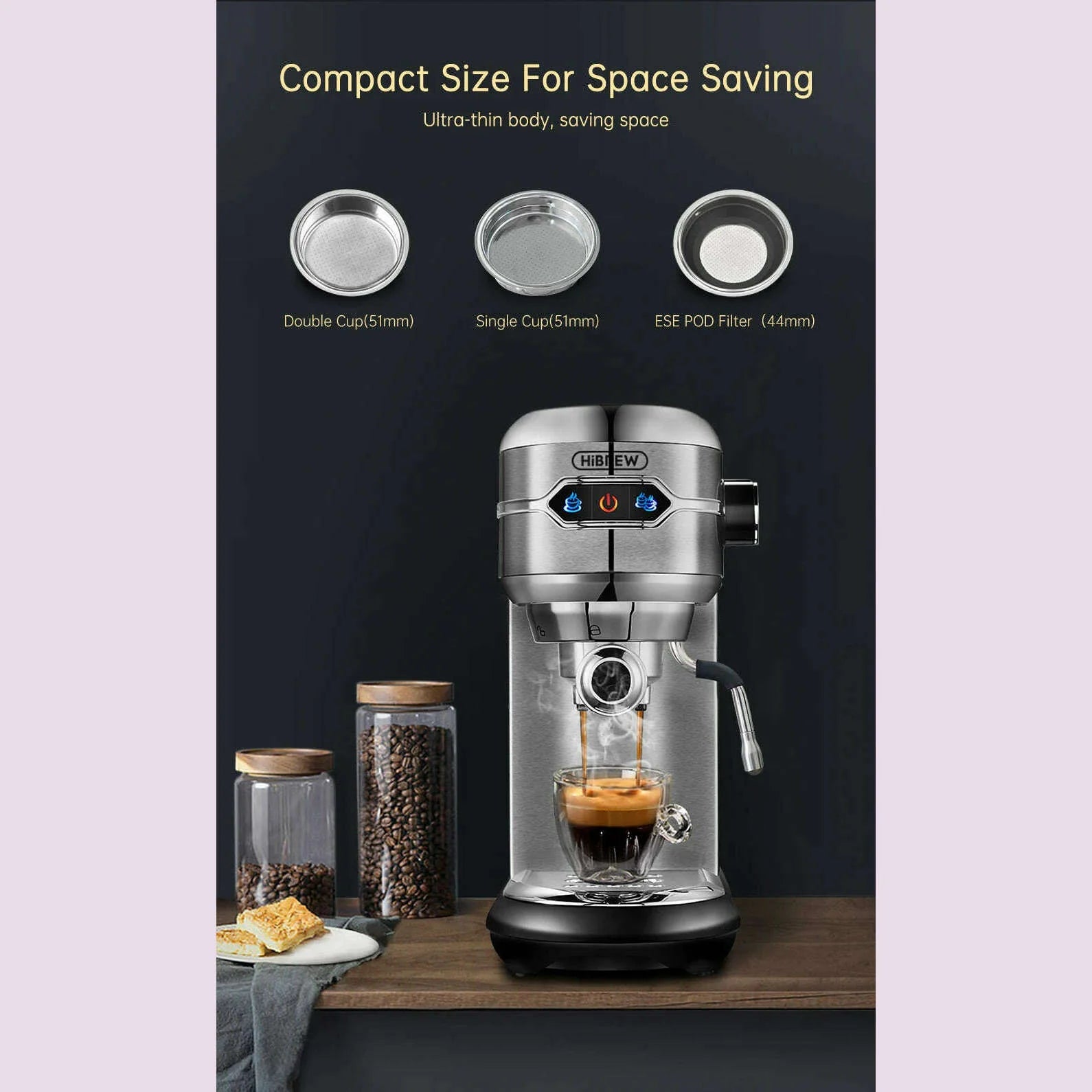 HiBREW Coffee Maker Cafetera 20 Bar Inox Semi Automatic Super Slim ESE POD & Powder Espresso Machine Hot Water H11