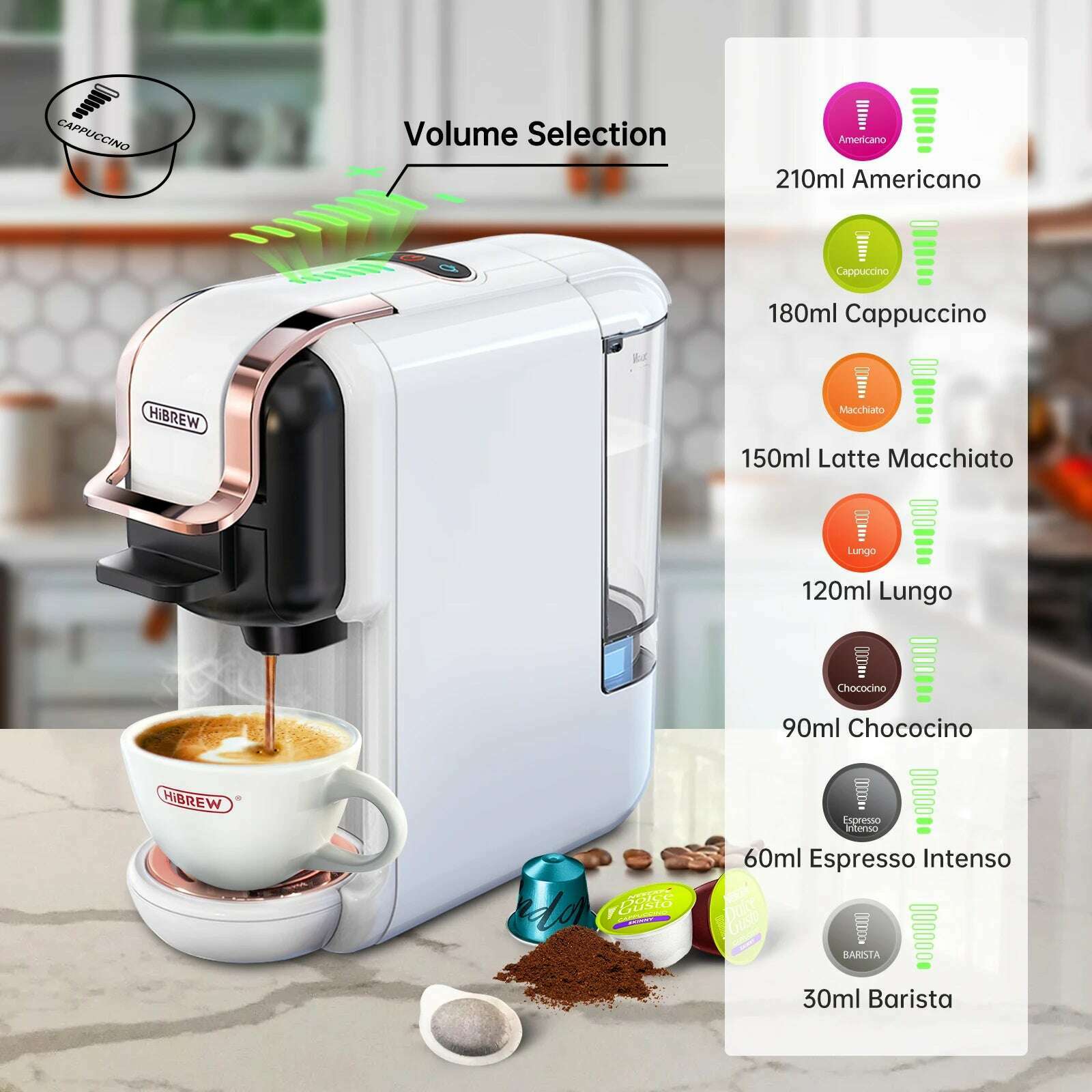 HiBREW Multiple Capsule Coffee Machine, Hot/Cold Dolce Gusto Milk Nespresso Capsule ESE Pod Ground Coffee Cafeteria 19Bar 5 in 1