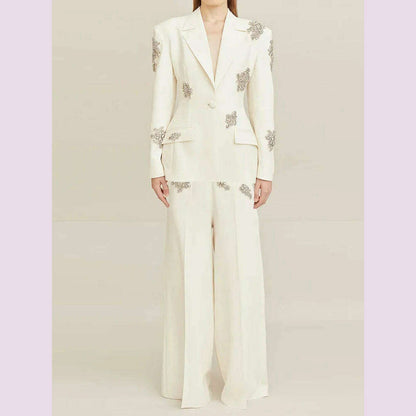 HIGH QUALITY Newest 2024 Designer Suit Women  Beaded Diamonds Single Button Suit Blazer Wide-leg Pants Set 2PCS