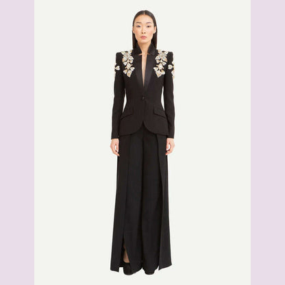 HIGH STREET Newest 2024 Designer Suit Women Beaded Diamonds Stand Collar Single Button Blazer Wide-leg Pants Set 2PCS