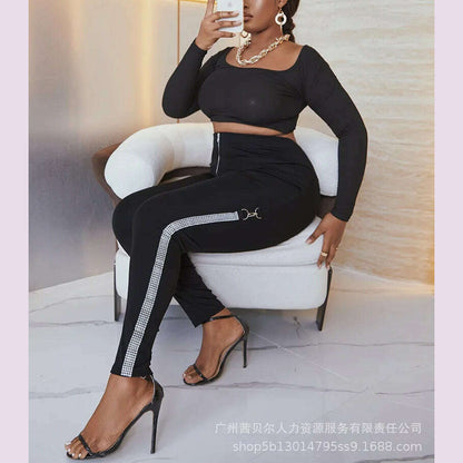 High Waist Skinny Pants Rhinestone Decor Europe and America Fashion Women's Clothing Plain Daily Office Lady Work Women Trousers