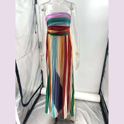 Holiday Sleeveless Patchwork Sexy Dress, Women Summer Strapless Printing Maxi Dress, 2025 Simple Backless Elegant Ladies Dress
﻿