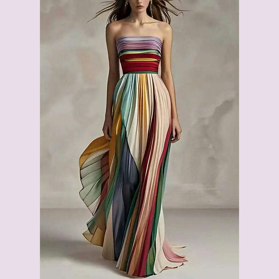 Holiday Sleeveless Patchwork Sexy Dress, Women Summer Strapless Printing Maxi Dress, 2025 Simple Backless Elegant Ladies Dress
﻿