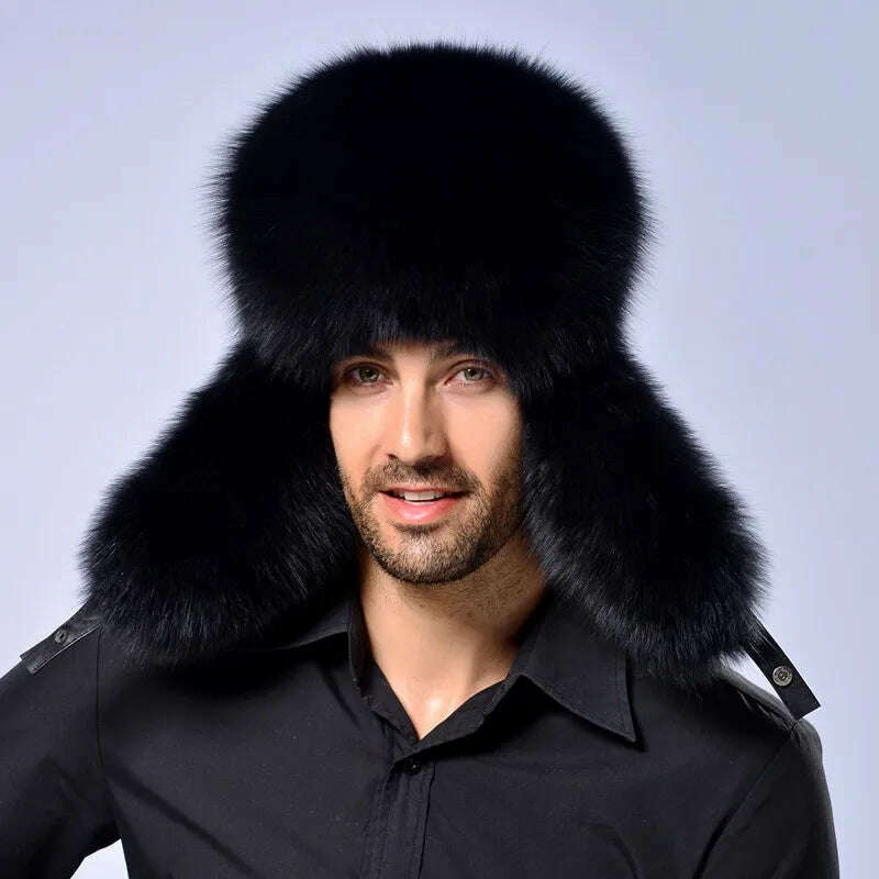 Hot high-end luxury fur hat Men's fox fur hat Lei Feng cap ear cap fur necessary hat Real fur hat 100% Sheepskin top fox hat