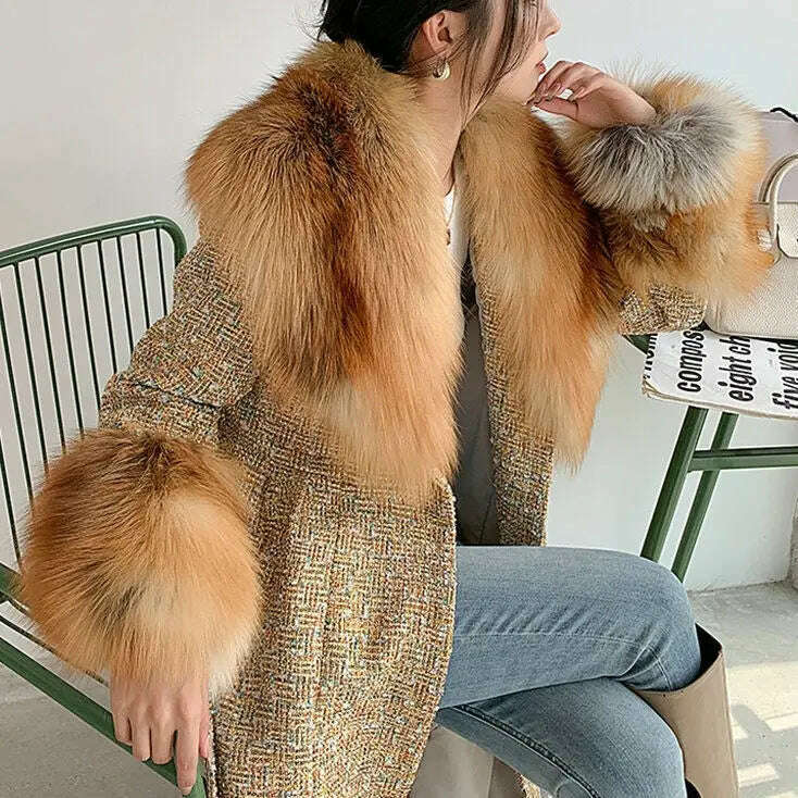 Hot Sale High-end Wool Coat Thick Imitation Fox Fur Quilted Suit  Casacos De Inverno Feminino 2024 Long Winter Jacket Women