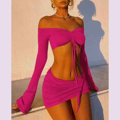 Hugcitar Women Matching 2 Piece Set Long Sleeve Drawstring Ruched Crop Top Mini Skirt Suit Co Ords Outfits Bodycon Sexy Party