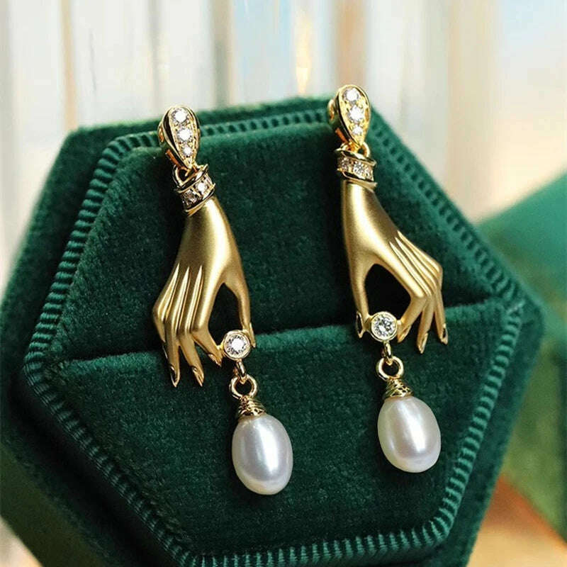 Huitan Novel Design Hand with Imitation Pearl Dangle Earrings for Women Hot Trendy Female Accessory Daily Wear Statement Jewelry