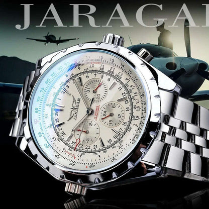 JARAGAR 212 Men's Fashion Automatic Mechanical Watches Leisure Hollowing Dial Chronograph Luminous Multifunctional Wristwatch
