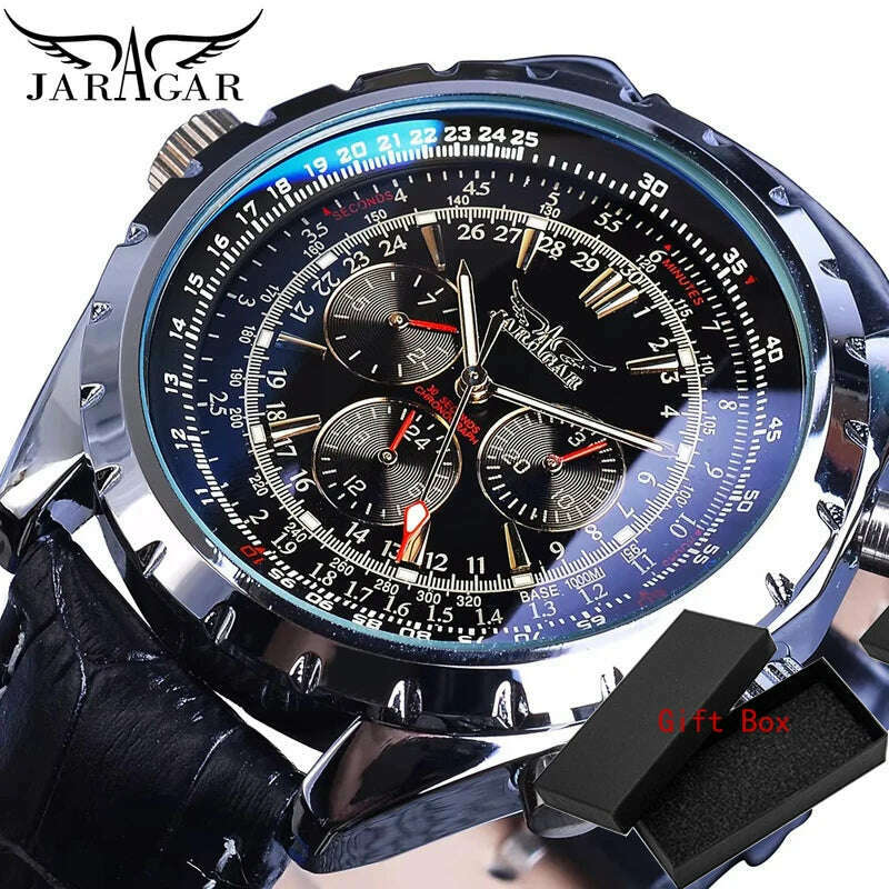 Jaragar Automatic Mechanical Calendar Sport Watches Pilot Design Men's Wrist Watch Top Brand Luxury Fashion Male Leather