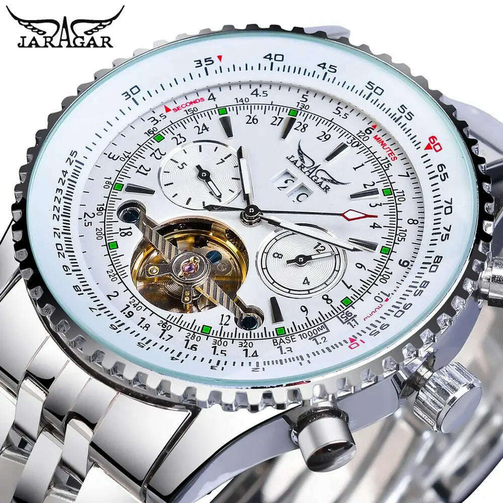 Jaragar Classic Tourbillon Men Mechanical Watch White Automatic Calendar Big Dial Stainless Steel Band Military Pilot Wristwatch