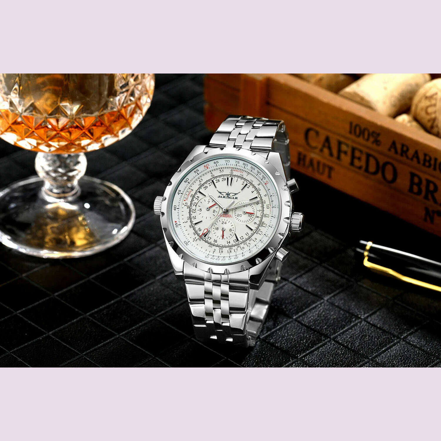 JARAGAR Silver watch European fashion style mechanical movement mechanical watch Gear round steel strap wrist watch