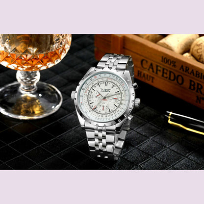 JARAGAR Silver watch European fashion style mechanical movement mechanical watch Gear round steel strap wrist watch